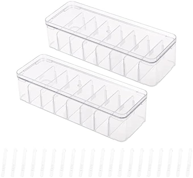 Yesesion 2pcs Clear Plastic Cable Organizer Boxes with Adjustment Compartments, Desk Accessories Storage Case with Lid and 20 Wire Ties for Drawer, Office Supply, Electronic Management TYPE G-2 PACK