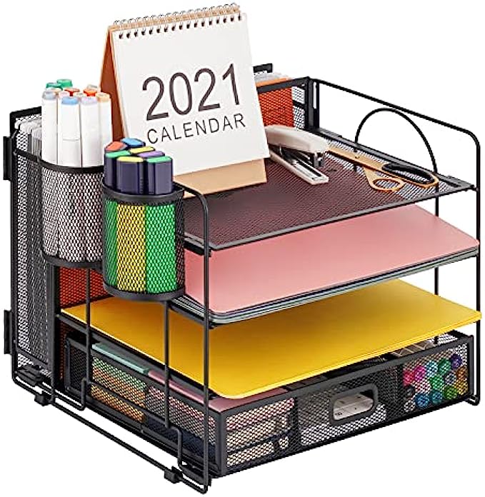 Marbrasse 4-Trays Desk File Organizer with 2 Pen Holder, Desktop Hanging File Holder with Drawer, Paper Letter Tray Organizer, Mesh Office Supplies Desk Paper Organizer for Home Office Black