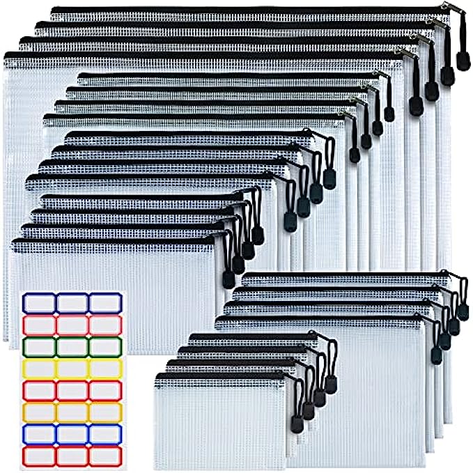 Mesh Zipper Pouches, 24PCS Multisize Plastic Zipper File Folders, Waterproof Zipper File Bags Document Pouch for Office, Supplies,Makeup, Board Game StorageBlack