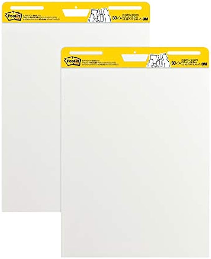 Post-it Super Sticky Easel Pad, 25 in x 30 in, White, 30 Sheets/Pad, 2 Pad/Pack, Large White Premium Self Stick Flip Chart Paper, Super Sticking Power 559