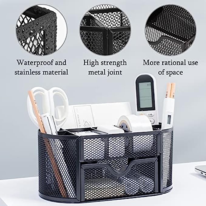 Mesh Pen Holder, Desk Organizer for Desk Pencil Holder with 8 Compartments and 1 Drawer Desk Supplies for Office Home 1 PC
