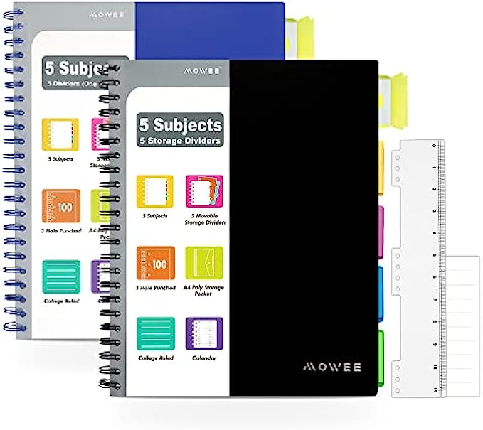 MOWEE 5 Subject Notebook, 2 Pack College Ruled Notebook with Storage Divider Pockets, Index Tabs, 11" Ruler, 200 Pages, for School, Business, Office Supplies, 8.1x11.7211
