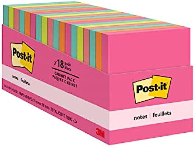 Post-it Notes, 3x3 in, 18 Pads, Americas #1 Favorite Sticky Notes, Cape Town Collection, Bright Colors Magenta, Pink, Blue, Green, Clean Removal, Recyclable 654-18CTCP