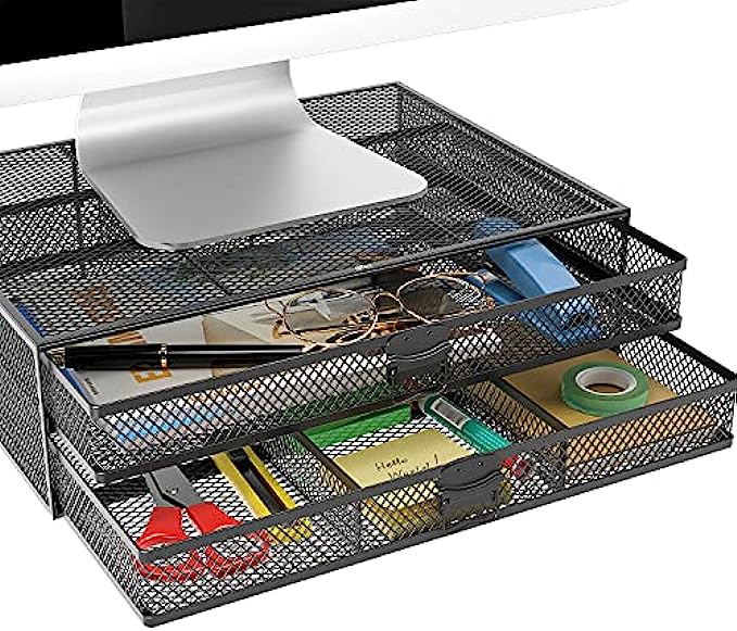 WALI Metal Mesh Monitor Riser Desktop Stand with Storage Drawers for Computer, Laptop, LED, LCD, OLED Flat Screen Display, and Printer STT006-B, Black