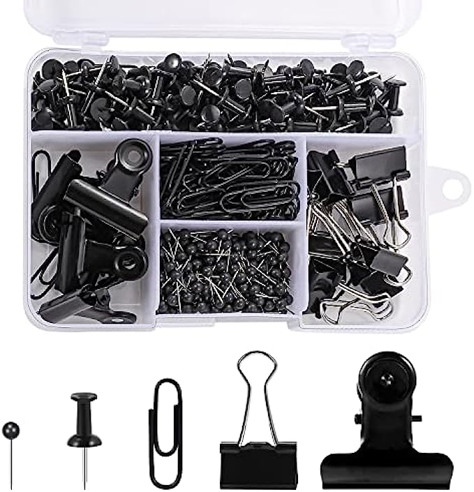 500 Pcs Black Push Pins Set, Push Pins Binder Clips Paper Clips Map Tacks Sets Decorative Push Pins for Cork Board 5 Style Black Office Supplies for School and Home Black