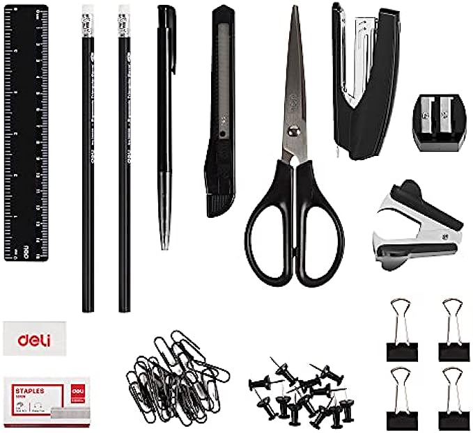 Office Supplies Set, Desk Accessory Organizer Kit, Stapler Set, Rotating Multi-Functional Pen Holder, Staple Remover, Pens, Pencils, Binder Clips, Scissor, Sharpener, Push Pins, Black