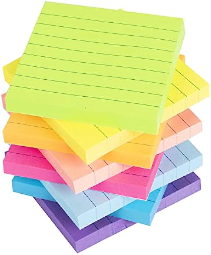 8 Pack Lined Sticky Notes 3x3 in Bright Ruled Post Stickies Colorful Super Sticking Power Memo Pads Strong Adhesive, 8 Pads/Pack, 82 Sheets/pad