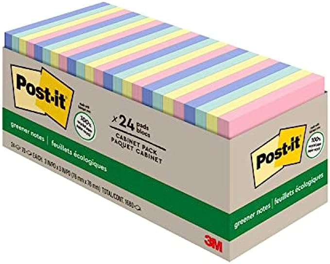 Post-it Greener Notes, 3x3 in, 24 Pads, Americas #1 Favorite Sticky Notes, Sweet Sprinkles Collection, Pastel Colors, Clean Removal, 100% Recycled Material 654R-24CP-AP