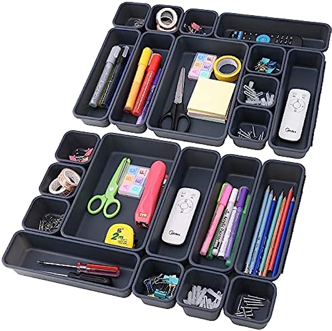 22 Pack Desk Drawer Organizers,Interlocking Junk Drawer Organizers and Storage with 3 Sizes,Desk Drawer Tray Organizer for Office,Bathroom,Kitchen,MakeupDark Grey