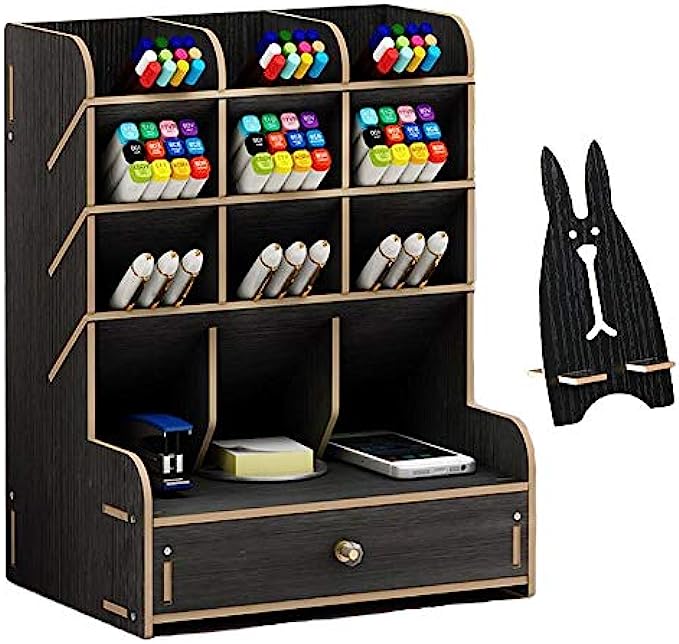 Marbrasse Wooden Pen Organizer, Multi-Functional DIY Pen Holder Box, Desktop Stationary, Easy Assembly, Home Office Art Supplies Organizer Storage with Drawer B11-Black