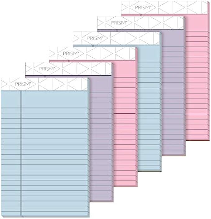 TOPS Prism+ Writing Pads, 5x 8, Perforated, Jr. Legal Ruled, Narrow 1/4 Spacing, Assorted Colors, 2 Each: Pink, Orchid, Blue, 50 Sheets, 6 Pack 63016