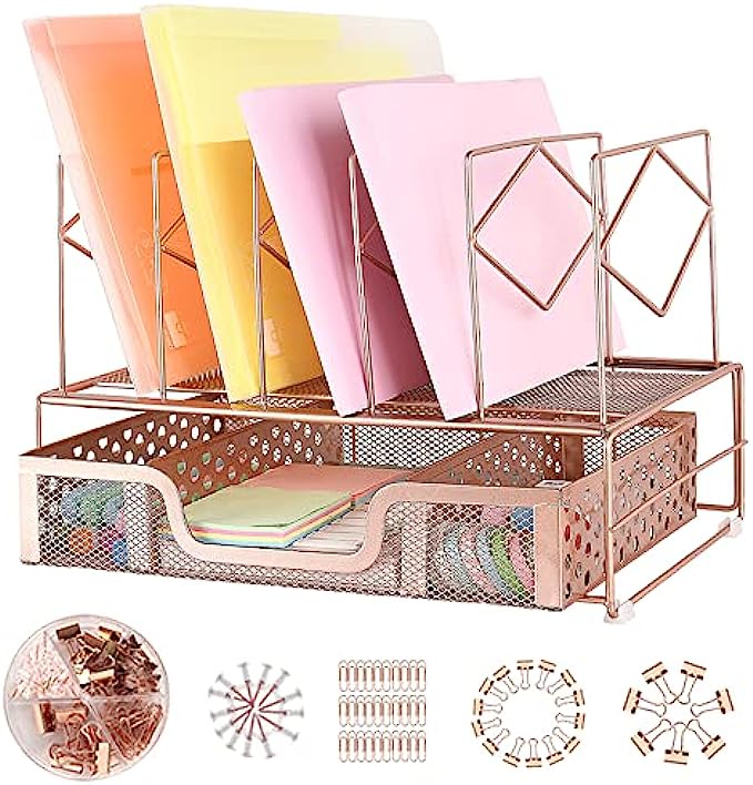 Spacrea Rose Gold Desk Organizers - File Organizer Desk Accessories with 5 Vertical File Folder Holders &amp; Sliding Drawer, Office Supplies for Workspace College Dorm HomeBinder Clips Included