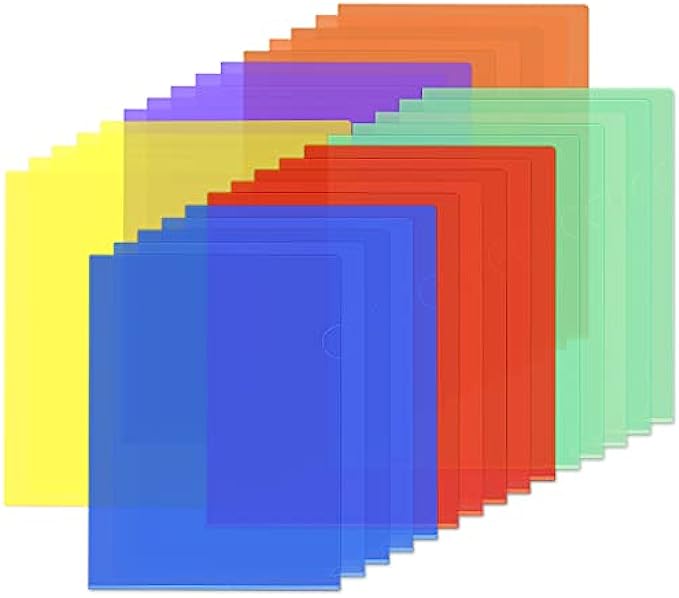 JIKIOU 30pcs Plastic Project Pockets Clear Plastic Folders 6 Colors Clear Document Folders for Letter Size and A4 Size for School Office Supplies5 red, 5 Yellow, 5 Blue, 5 Green, 5 Purple, 5 Orange