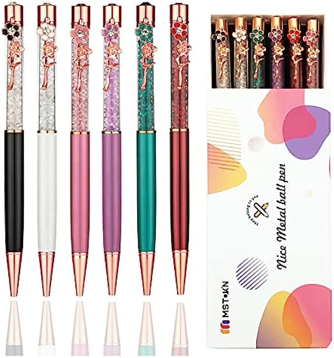 MSTOKIN Bling Crystal Diamond Floral Pen With Flower on The Pens Clip Black Ink Office Supplies Pack of 6 6-pack clip flower pens