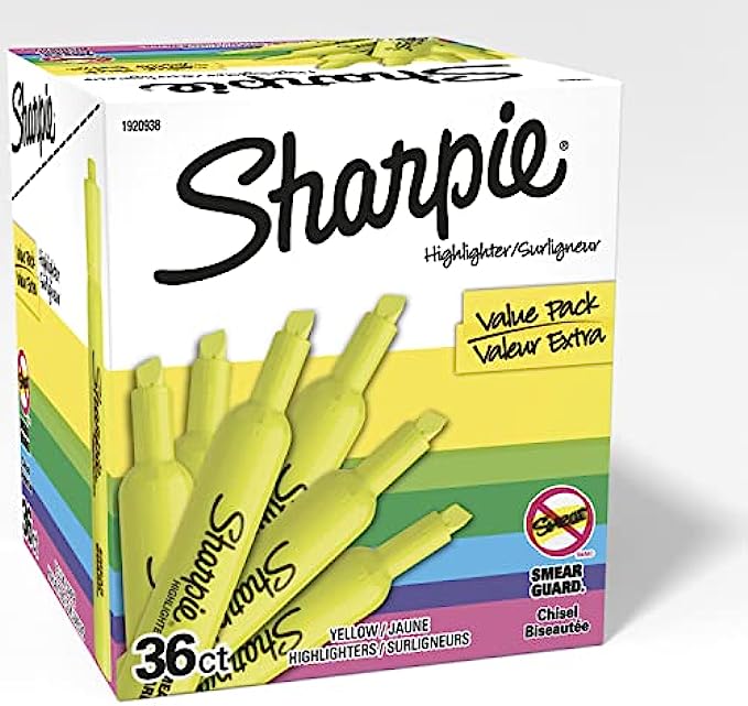 Sharpie Tank Style Highlighters, Chisel Tip, Fluorescent Yellow, Box of 36 1920938