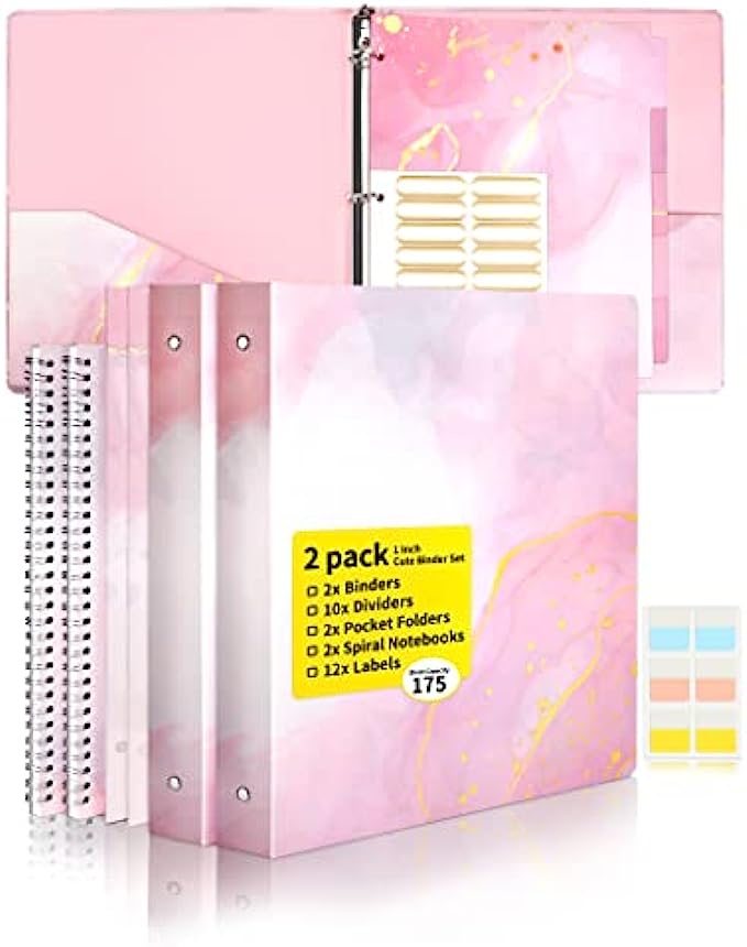 Cute Binders SUNEE 2 Pack 3 Ring Binder 1 Inch with 2 Pockets, 10 Tab Dividers, 2 Pocket Folders &amp; 2 Spiral Notebooks, Pink Marble Heavy Duty Binder Fit 8.5x11 Inches for School Office Supplies