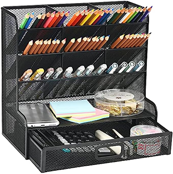 Marbrasse Mesh Desk Organizer, Multi-Functional Pen Holder, Pen Organizer for desk, Desktop Stationary Organizer, Storage Rack for School Home Office Art Supplies Black Mesh Pen Holder with Drawer