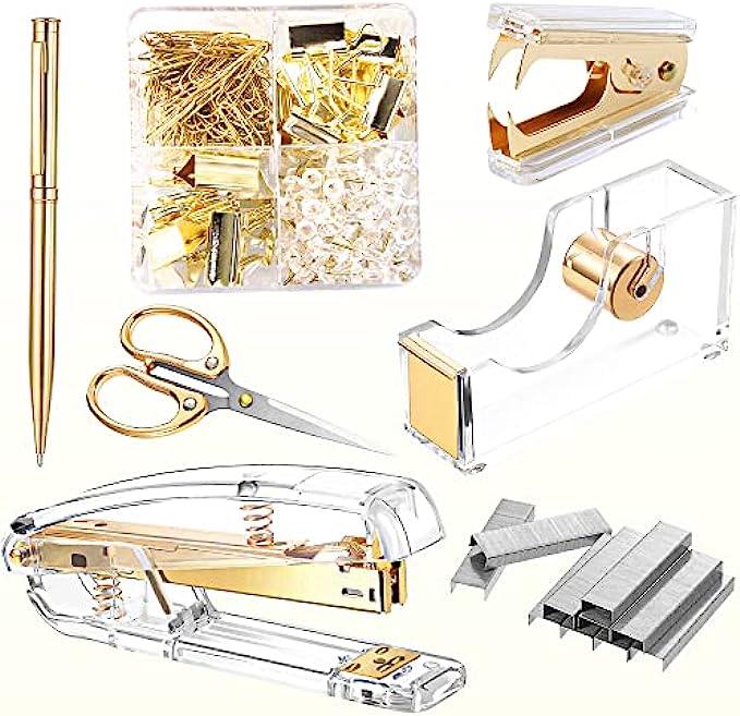 Office Supplies Set Desk Stationery Accessories Kit of Stapler, Staple Remover, Tape Dispenser, Binder Clips, Paper Clips, Ballpoint Pen and Scissor with 2000pcs StaplesGold