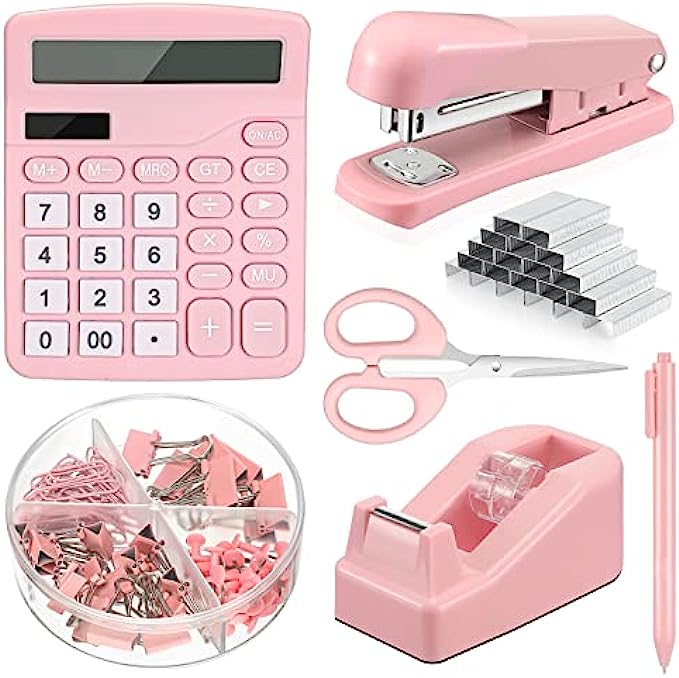 6 Set Desk Accessory Kit Office Supplies Include Cute Stapler Tape Dispenser Ballpoint Pen Binder Clips Paper Clips Scissor and Calculator for Women Girls School Stationery Pink