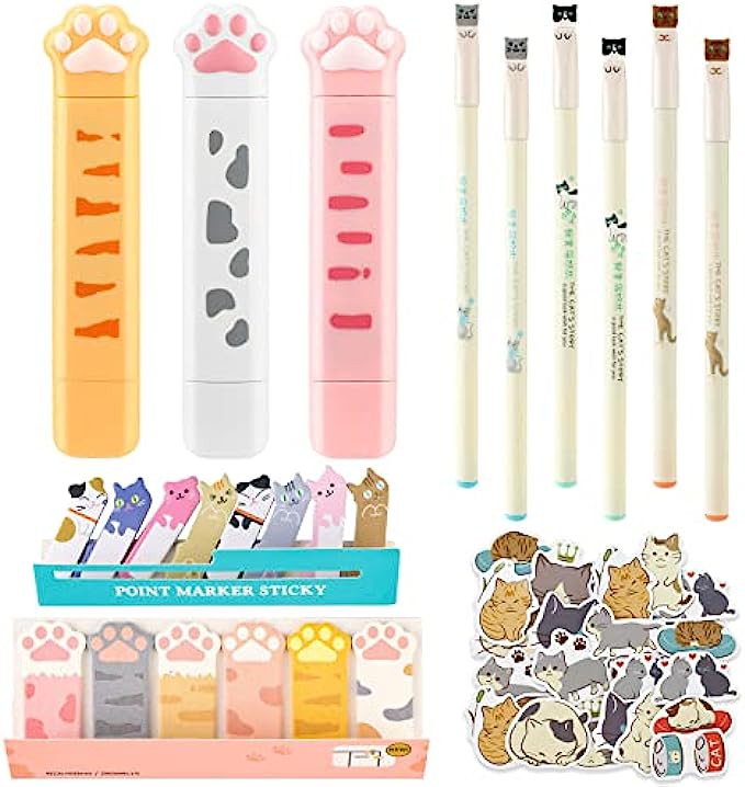 414 Pieces Cute Cat Gel Pens Japanese Cats Design Cat Sticky Flags Tab Cat Stationery Set Cartoon Correction Tapes for Christmas Cat Lovers Kids Girl Stationery School Office Supplies Cute Style