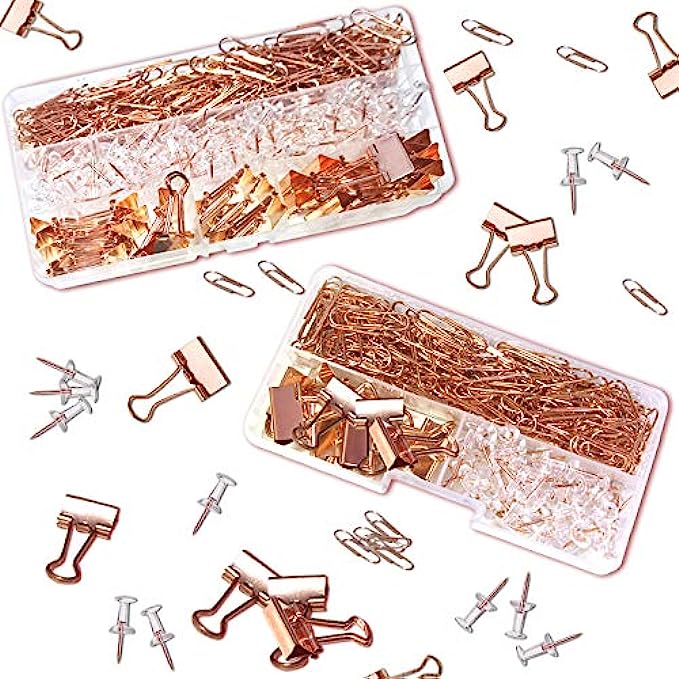 208 PCS Rose Gold Desk Accessory Push Pins Binder Clips Paper Clips Standard Size Office Supplies Kit Set with Storage BoxSmall Pack