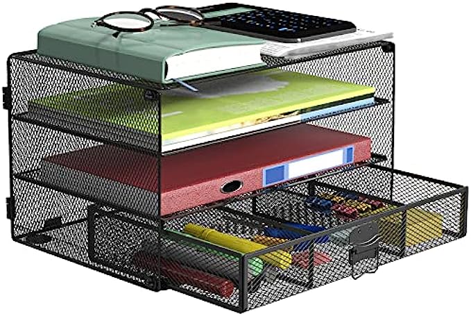 Paper Letter Tray Organizer, Mesh Drawer Desk Organizer DIY Storage Rack Stand Shelf for Office Accessories and Small Supplies DO002-B, Black by WALI