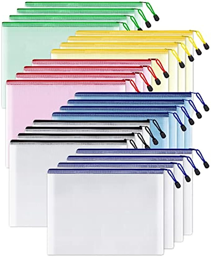 SUNEE Mesh Zipper Pouch 10x14 in 6 Colors, 24 Packs, Extra Large Water-Resistant Zip Bag for School Office Supplies, Puzzles &amp; Games Organizing Storage