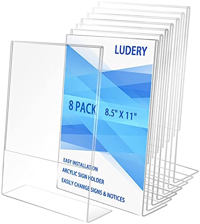 8.5 X 11 Acrylic Sign Holder Slant Back Design Plastic Display Stand Clear Table Single Sheet Portrait Ad Frames Paper Holder for Home, Office, Store, Restaraunt - 8 Pack 8