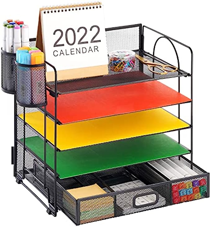 Marbrasse 5-Trays Desktop File Organizer with Pen Holder | Paper Letter Tray with Drawer and 2 Pen Holder | Mesh Office Supplies Desk Organizer for Home Office Black