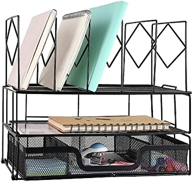 Gianotter Desk Organizers and Accessories, Office Supplies Desk Organizer with Sliding Drawer, Double Tray and 5 Upright Sections Black