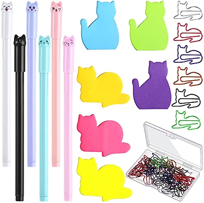 42 Pcs Stationery Set 6 Color Cute Sticky Notes 30 Pcs Paper Clips and 6 Pcs Cute Pen Lover Gifts Lovely Office Desk Accessories for Work School Office SuppliesCute Cat