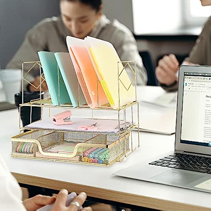Youbetia Desk Organizers and Accessories - Double Tray and 5 Upright Sections, Office Supplies Desk Organizer with Drawer, File Office Organization with Binder Clips, Gold