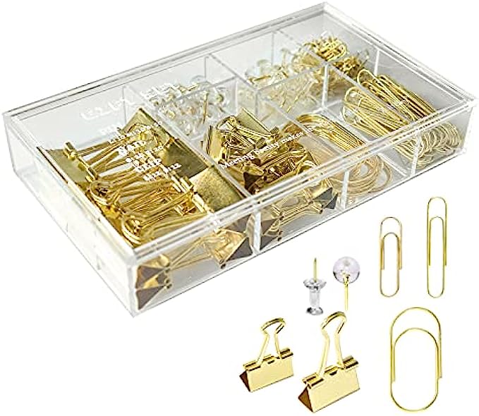 Gold Paper Clips Binder Clips, 154 PCS Luxury Gold Office Supplies Gift Set with Jumbo Paper Clips, Large Small Paper Clamps Binder Clips Clear Push Pins Office School Desk Organizer Gold