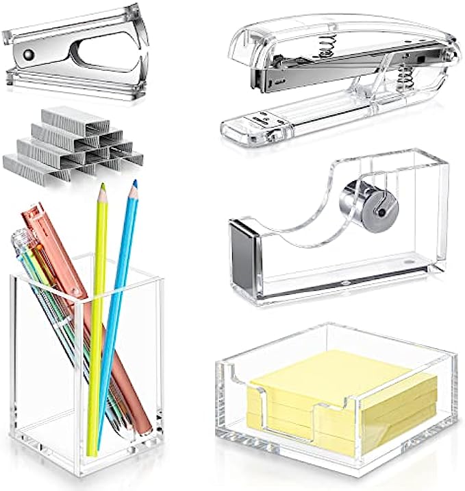 Clear Office Desk Accessories for Women Office Supplies Include Acrylic Tape Dispenser, Clear Acrylic Notepad Holder, Stapler, Pen Holder, Staples and Staple Remover 6 Pieces