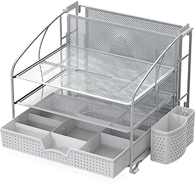 SimpleHouseware Desk Organizer 3 Tray w/Sliding Drawer, Hanging File Holder and Pen Holder Accessory, Silver