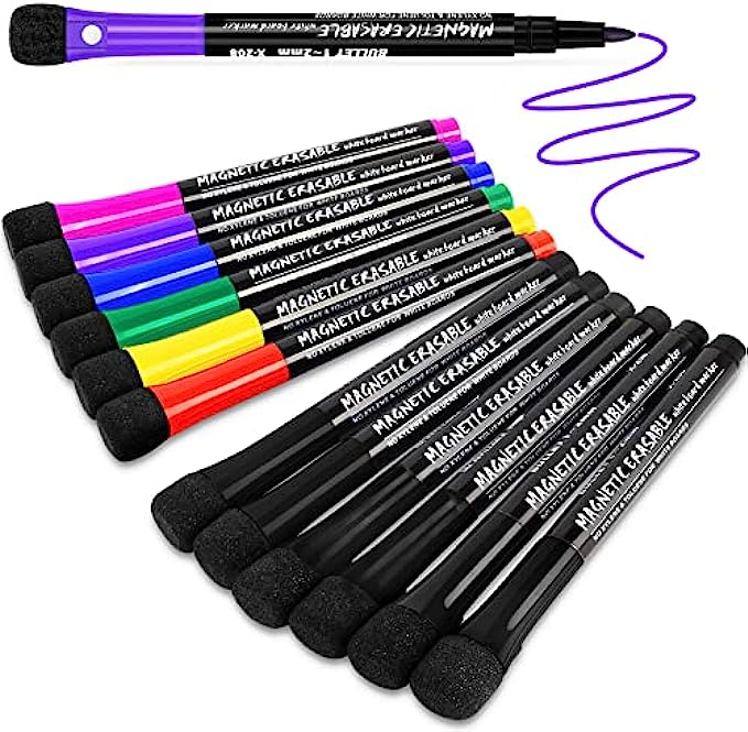 Magnetic Dry Erase Markers Fine Tip, 7 Colors 12 Pack White Board Markers Dry Erase Marker with Eraser Cap, Low Odor Whiteboard Markers Dry Erase Markers for Kids Teachers Office &amp; School Suppli