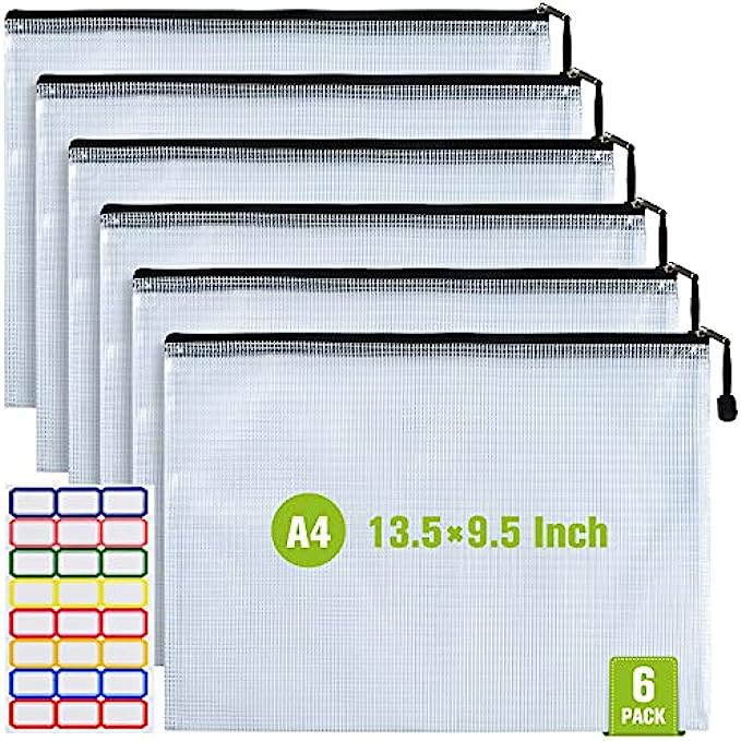 Mesh Zipper Pouch, 6PCS Waterproof Plastic Mesh ZipperBag, A4 Size Tear-Resistant Document Pouch, Extra Large Zip File Bags, for School Office Supplies Home Travel Storage13.5×9.5 Inch