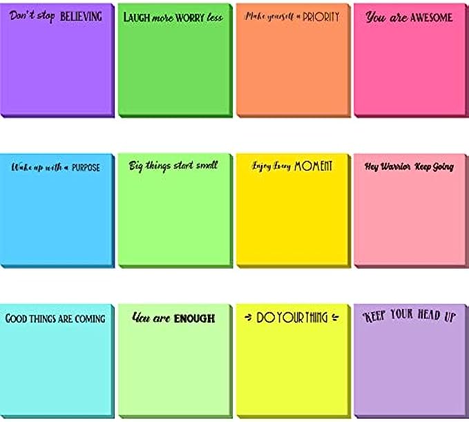 12 Pieces Inspirational Sticky Notes Mini Motivational Note Pads Cute Fun Sticky Note Pads Gifts for Women Nurse Teachers Reminder Work Studying Office Supplies, 3 x 3 Inch Bright Style