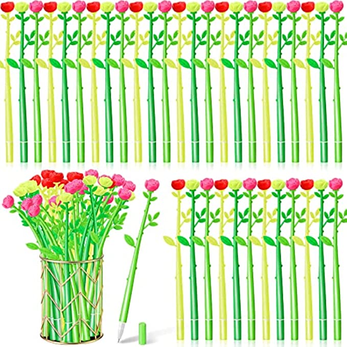 Flower Pens Rose Shaped Ballpoint Pen Creative Liquid Black 0.5mm Gel Ink Rollerball Pen for Kids Girls Women, Home Office School Decoration Supplies 60 Pieces
