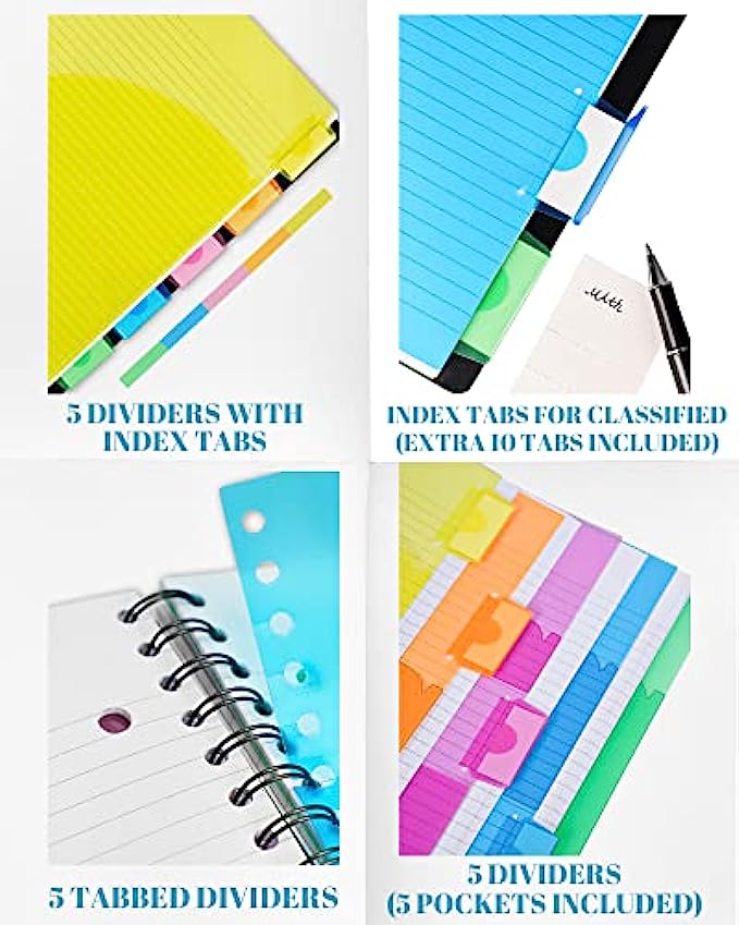 MOWEE 5 Subject Notebook, 2 Pack College Ruled Notebook with Storage Divider Pockets, Index Tabs, 11" Ruler, 200 Pages, for School, Business, Office Supplies, 8.1x11.7211