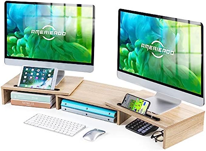 AMERIERGO Dual Monitor Stand -Adjustable Length and Angle Dual Monitor Riser, Computer Monitor Stand w/2 Slot, Desktop Organizer, Monitor Stand Riser for PC, Computer, Laptop Wood