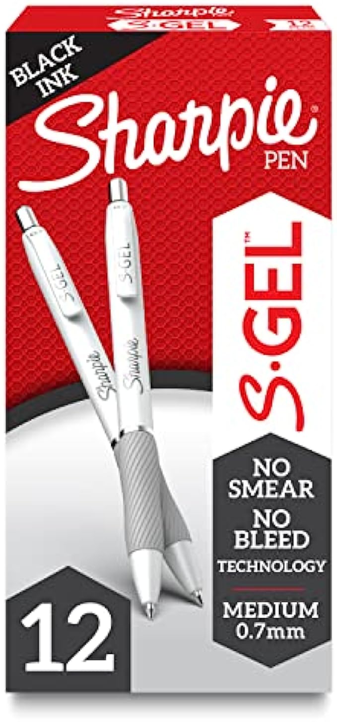 Sharpie S-Gel, Gel Pens, Medium Point 0.7mm, Pearl White Body, Black Gel Ink Pens, 12 Count