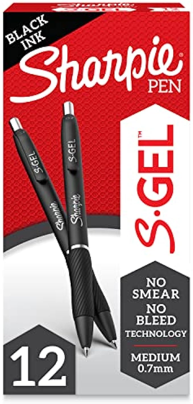 Sharpie S-Gel, Gel Pens, Medium Point 0.7mm, Black Ink Gel Pen, 12 Count Pack of 1, Black