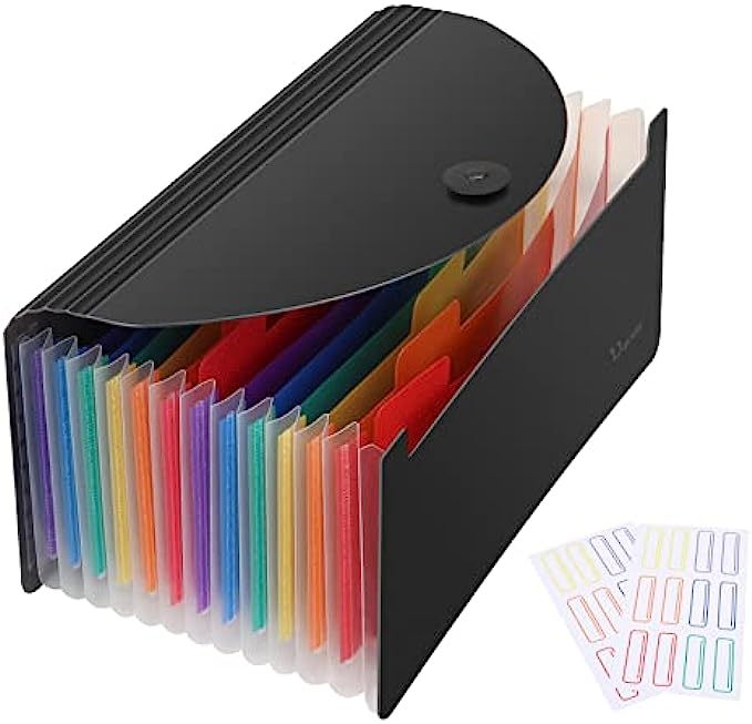 Uquelic Desk Stand Receipt Folder - 13 Pockets Expanding Coupons Storage/Rainbow Large Capacity Small Document Organizer with Label, 10 x 5 inch Black…