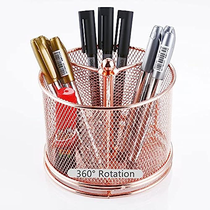 Pen Holder For Desk-360 Degree Rotating Multi Functional Pen Holder-Pencil Holder-Pen Organizer-Mesh Pen Organizer -Pen Storage For Desktop-Office School Home Pen CupRose Gold