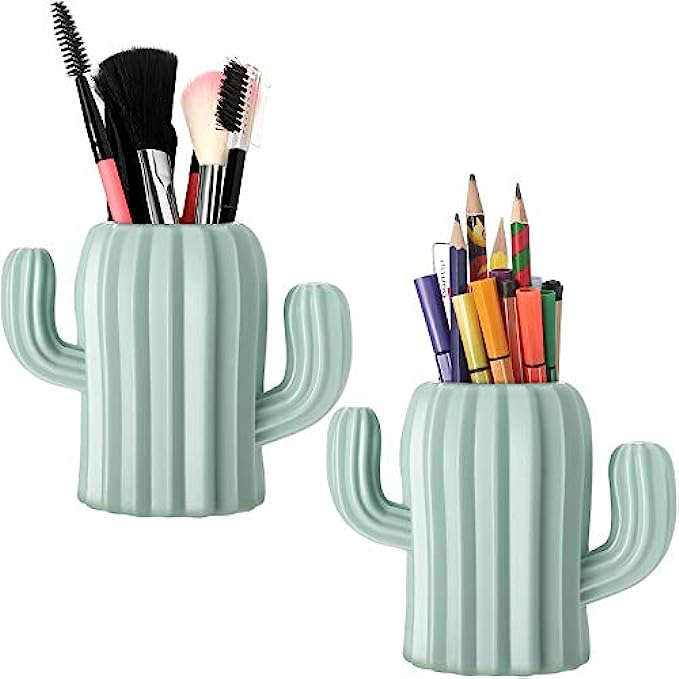2 Pieces Cactus Pen Holder Cactus Pen Pencil Container Desktop Supplies Pen Cups Cosmetic Makeup Brush Holder for Student Multifunction Storage Box Office Green