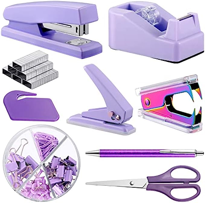 Office Supplies Set Desk Accessory Kit with Stapler Tape Dispenser Staple Remover Staples Hole Puncher Paper Clips Scissor and Letter Opener Ballpoint Pen for Office Clerks StudentPurple