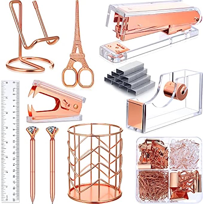 Office Stapler Set Desk Accessory Kit Including Stapler Tape Dispenser Staple Remover Pen Holder Phone Holder Ruler Scissors Binder Clips Staples 2 Pen for Office Accessories Rose Gold
