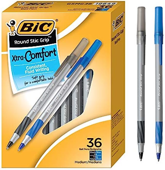 BIC Round Stic Grip Xtra Comfort Ballpoint Pen, Medium Point 1.2mm, Black &amp; Blue, Soft Grip For Added Comfort And Control, 36-Count