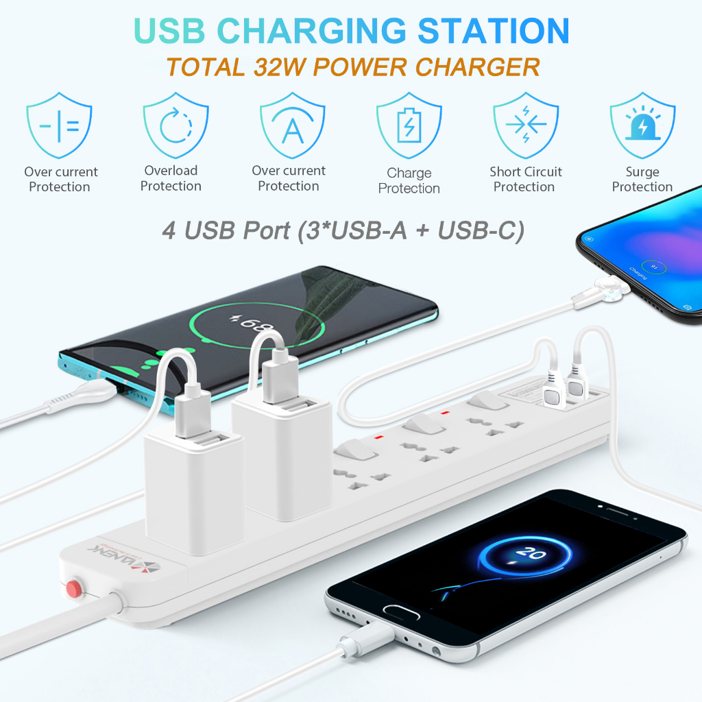 VANENIK Safety Power Strip with USB Type C PD20W Fast Charger Universal Power Extension Socket With USB Surge Protector Extension Cord 3M Singapore UK Plug Top